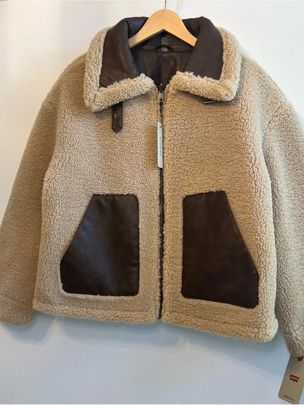 Levi's Tan Sherpa Bomber Jacket with Brown Trim - Picture 8 of 11